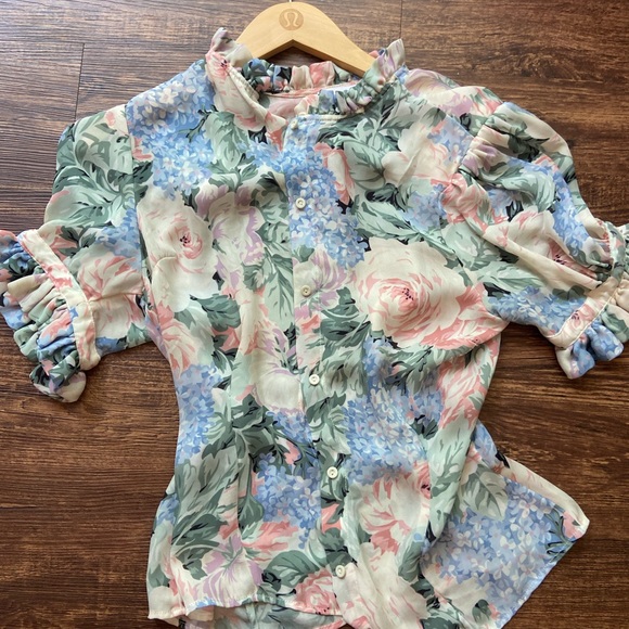 Selkie Tops - Selkie Pastel Floral Ruffle Button-Front Blouse